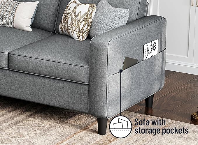 Sectional Sofas Couches for Living Room Convertible 3-Seater 78" L Shaped Couch for Small Spaces, Grey Pet-Friendly Modern Linen Fabric Sofa & Washable Covers for Apartments Studios Dorms