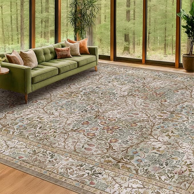 Washable 9x12 Living Room Rug - Moss Brown Floral Area Rug for Dining Room Under Table, Low Pile Non-Slip Floor Carpet for Bedroom Under Bed - Vintage Taupe Olive Design & Stain Resistance