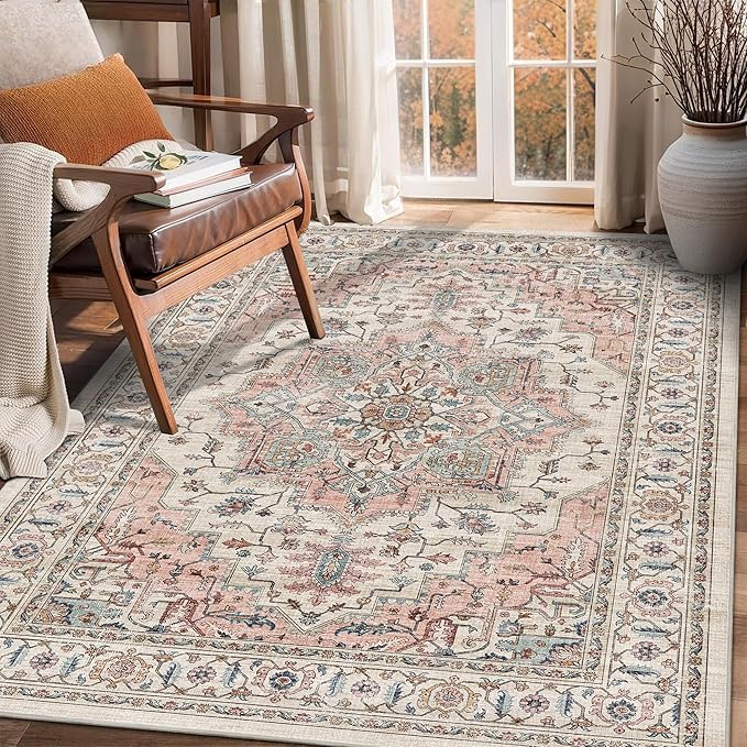 4x6 Area Rug for Bedroom Machine Washable Low Pile Vintage Distressed Rugs Stain Resistant Faux Wool Rug Ultra Soft Non-Slip Area Rugs for Living Room, Playroom, Kitchen,Home Office