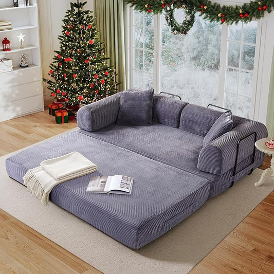Antetek Convertible Futon Sofa Bed, 3-Seater Modern Corduroy Foam Floor King Size Bed Fold Out Sleeper Lounge Loveseat Sofa Couch with 2 Throw Pillows for Living Room Bedroom Guest Room, Light Grey