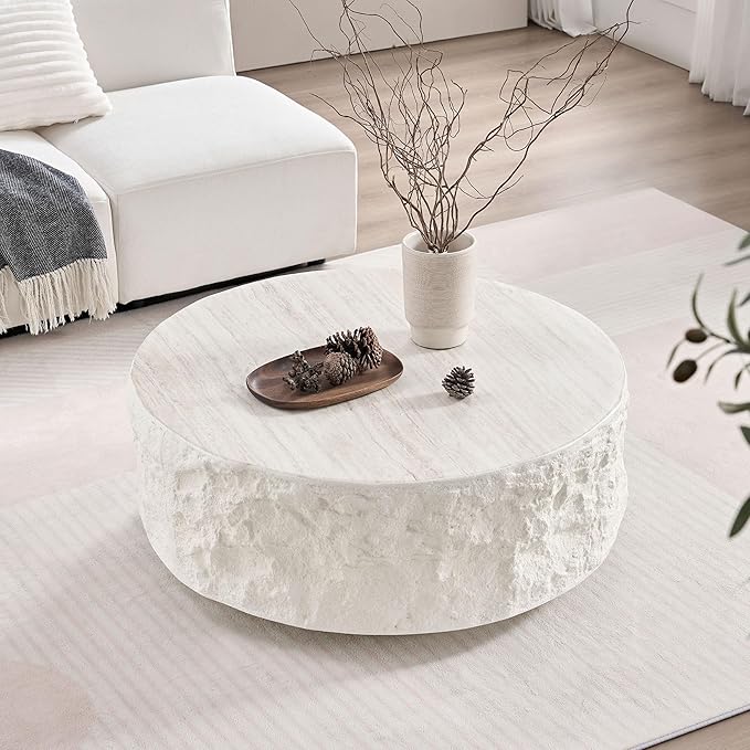 Round Coffee Table, 35.43" Fiberglass Imitation Stone Accent Table for Living Room, Bedroom, Apartment & Office, Beige, No Need Assembly