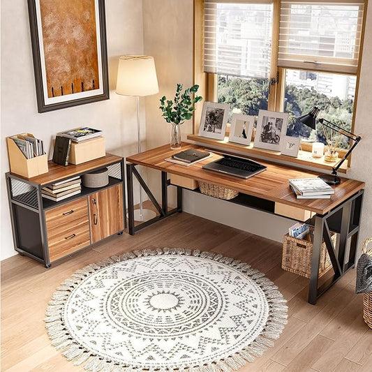 LITTLE TREE 63-Inch Office Desk with 31.5-Inch Lateral File Cabinet, Study Writing Desk Computer Desk for Home Office