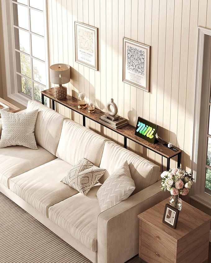 78.7'' Narrow Console Table with Power Outlet 7.1" Skinny Sofa Table, Long Behind Couch Table with Charging Station, Entryway Table for Hallway, Living Room Rustic Brown and Black TXG20UBF