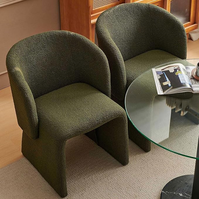 Upholstered Dining Chair Green Set of 4,Stylish Accent Barrel Side Chairs Cozy Single Sofa Chair Teddy Velvet Comfortable Armchair for Bedroom Reading Room Waiting Room Kitchen Dining Room