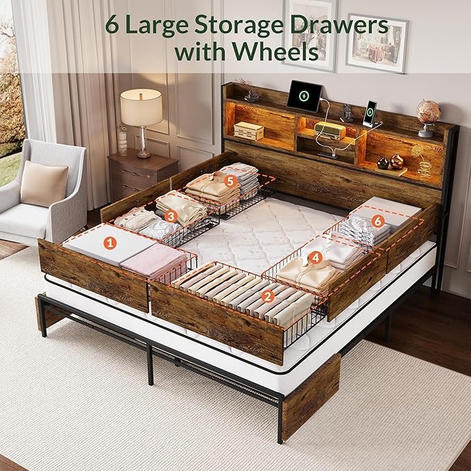 LARMACE Queen Size Bed Frame with 6 Storage Drawers and Headboard Wooden Platform Bed Frame with LED Lights and Charging Station Easy Assembly/No Box Spring Needed/Vintage Brown