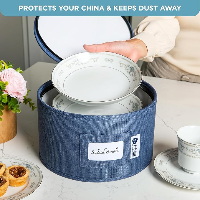 Hard Shell China Storage Containers 12-Piece Set Moving Boxes for Dinnerware, Glasses, Plates, Mugs and Saucers Sturdy Dish Organizer with Dividers for Seasonal Storage - Service for 12 - Denim Blue