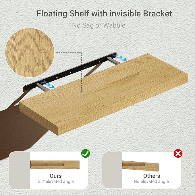 Vivelove Oak Floating Shelves 24 inchs Long, 9.1” Deep Bathroom Shelves Wall Mounted for Bedroom, Living Room, Kitchen, Office, Rustic Home Decor, Wall Shelves with Invisible Brackets, Set of 2