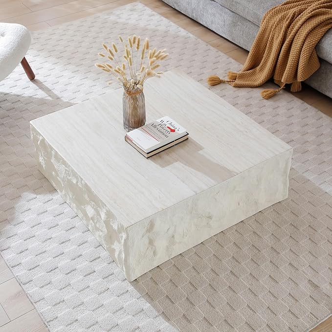Square Coffee Table, 35.43" Imitation Stone Coffee Table Fiberglass Side Accent End Unique Center Table for Living Room Bedroom Apartment Office, Beige