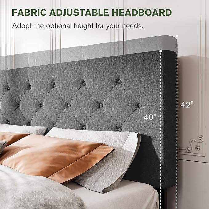 MUTICOR Queen Size Bed Frame with 4 Storage Drawers, Upholstered Platform Bed with Button Tufted Adjustable Headboard, No Box Spring Needed, Easy Assembly, Diamond Tufted, Dark Grey Fabric