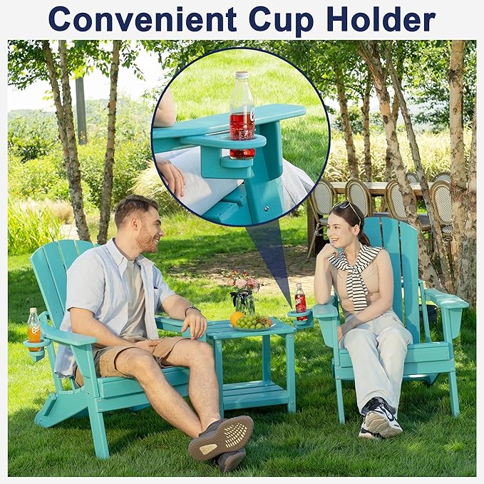 Plawdlik Folding Adirondack Chair, SGS Tested, Wooden Textured with Cup Holder, Heavy All-Weather HDPE Comfortable Set Poolside Backyard Lawn Aruba Blue Set 4