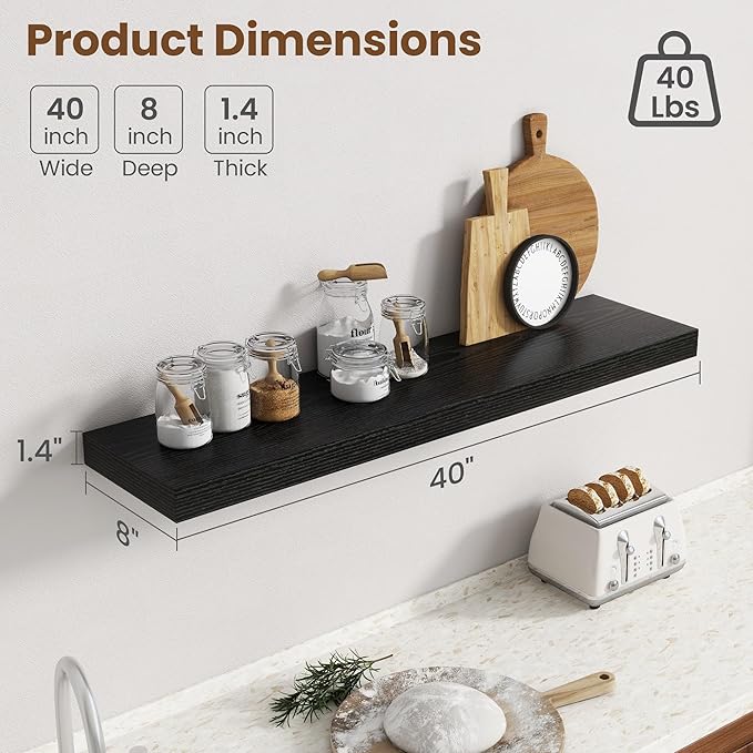 40 Inch Floating Shelves for Wall, 8 Inch Deep Floating Shelf for Storage & Display, Rustic Wall Mounted Shelf with Invisible Brackets for Living Room, Kitchen, Bathroom, Home Decor, Set of 2, Black