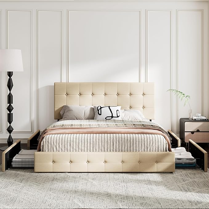 MUTICOR King Size Bed Frame with 4 Storage Drawers, Upholstered Platform Bed with Button Tufted Adjustable Headboard, No Box Spring Needed, Easy Assembly, Square Tufted, Beige Fabric