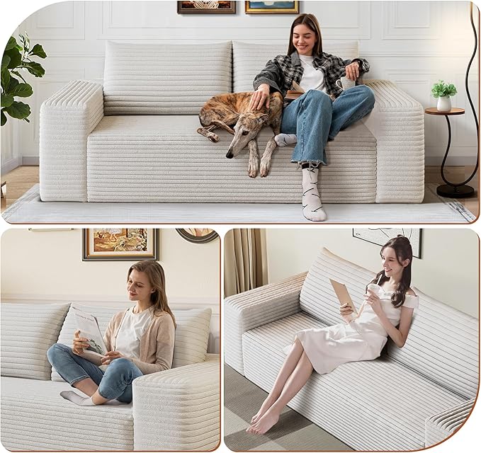 71" Corduroy Loveseat Sofa, 3-Seater Cloud Couch, Boneless Couch in a Box, Comfy Deep Seat Sofa with Memory Foam, Pillows and Wide Armrests, Modern Small Couches for Small Spaces, No Assembly (White)