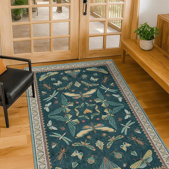 Teal 3x5 Entryway Rug - Door Rug Indoor for Large Kitchen, Living Room, Washable Low Pile Insect Décor