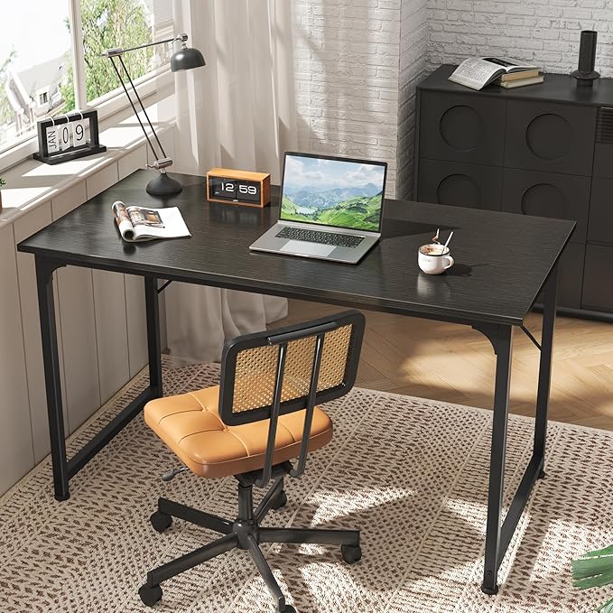 Huuger 48 Inch Office & Gaming Desk with Storage, Modern Simple Design, Large Legroom, Black Metal Frame