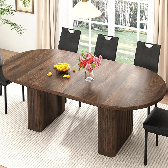 70.8 in Dining Table for 4 5 6 | Modern Walnut Rectangular Kitchen Table W/Waterproof Wood Tabletop,Farmhouse Long Dining Room Tables W/Foot Pads&Wood Strip Base for Kitchen Living Room