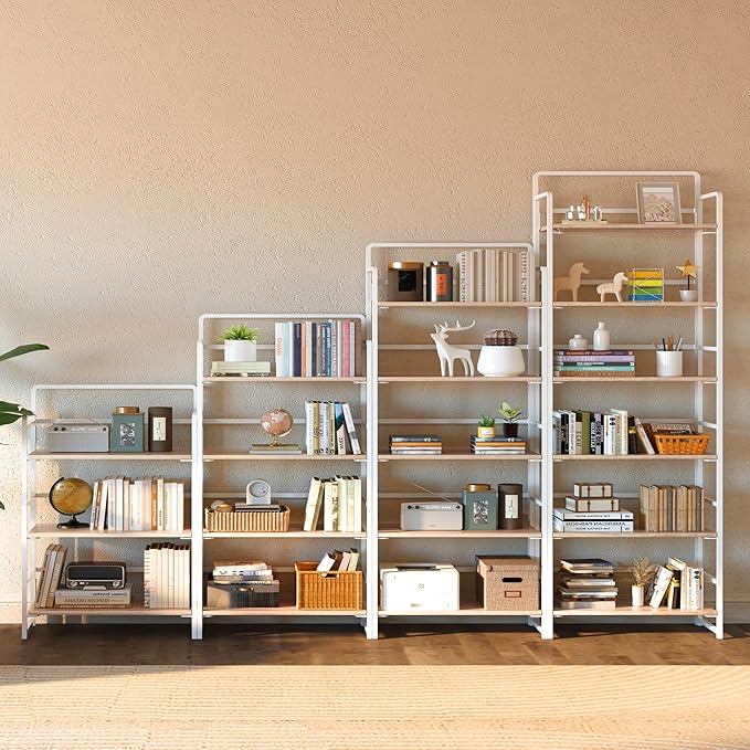 4NM No Assembly 6 Tiers Folding Bookshelf Storage Shelves Vintage Bookcase Standing Racks Study Organizer Home Office (Natural White)