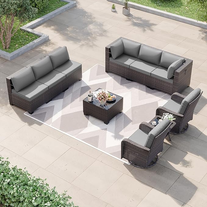 Kurapika 10 Pieces Patio Furniture Set, Rattan Wicker Sofa Set, Outdoor Conversation Sets w/Swivel Rocking Chairs Patio Sectional Sofa w/4 Inch Cushion, Grey