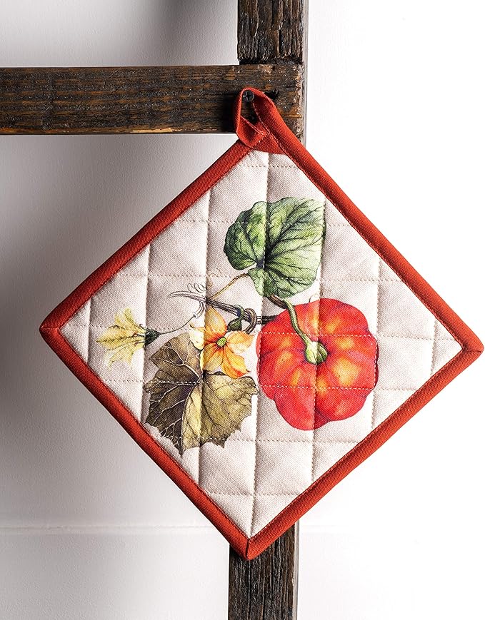 Maison d' Hermine Pot Holders Set 100% Cotton Heat Resistant Potholders 8" x 8" Hot Pads with Loop for Thanksgiving Christmas Decorations BBQ Cooking Baking Handling Hot Pans (Pack of 2, Potiron)