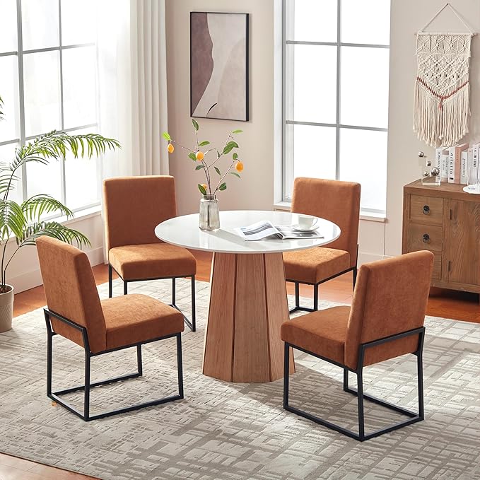 VKNOW Upholstered Dining Chairs Set of 4, Modern Dining Room Chairs, Linen Kitchen Chair Dinner Chair with Black Metal Base for Kitchen Office, Orange-Unstriped