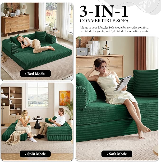 Boneless Couch Sofa Bed Sectional Couches for Living Room,Futon Cloud Couch with Sleeper Sofa,Sofas for Living Room Oversized Corduroy Upholstered (Green)