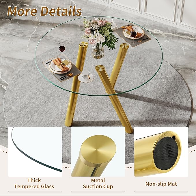 35" Round Dining Table for 4, Modern Round Glass Dining Table with Gold Metal Legs, Round Kitchen Table for Dining Room Home Office Small Spaces