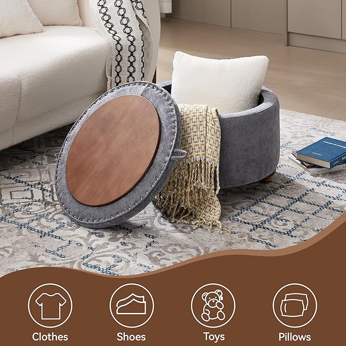 24Inch Round Storage Ottoman with Tray, Modern Tufted Circle Coffee Table with Storage, Upholstered Ottoman with Removable Top for Living Room, Bedroom, Chenille Blue