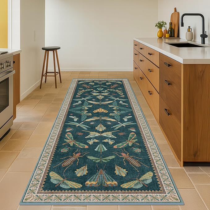 Wide Runner Rug for Hallway 2'6"x8' - Green Runner Rug for Kitchen, Hall Way, Washable Foldable Boho Insect Deor
