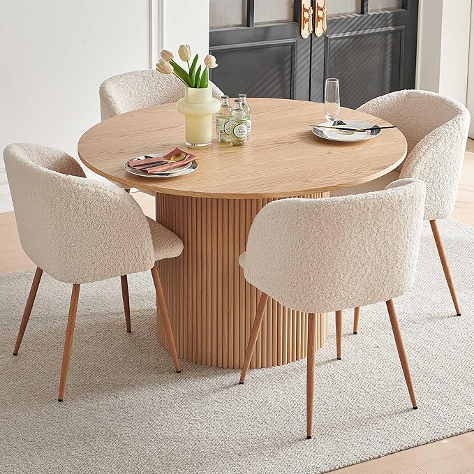 47" Round Dining Table for 4, Modern Farmhouse Wood Veneer Top with MDF Striped Base, Kitchen & Dining Room Tables - Oak Color