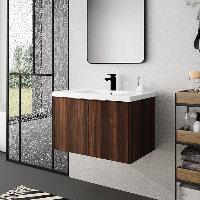 Goujxcy 30" Wall Mounted Bathroom Vanity with Sink, Modern Floating Bathroom Cabinet with White Resin Wash Basin & Storage Cabinet, Soft-Close Door Wood Hanging Bath Room Cabinet