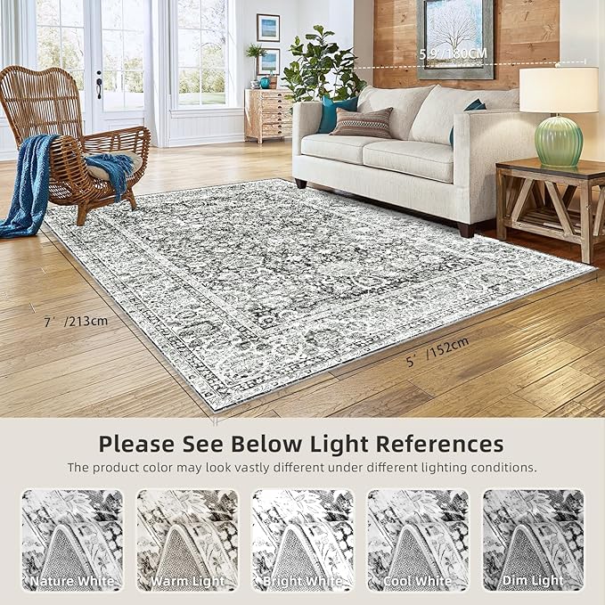 Area Rugs 5x7 - Grey Area Rug for Living Room, Bedroom & Dining Room - Soft Faux Wool, Low-Pile Distressed Carpet Print Floor Covering