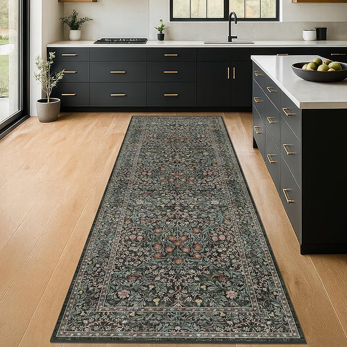 8ft Long Runners for Hallways Non Slip, 2'6" x 8' Floor Runner for Kitchen, Entryway Indoor, Washable Rubber Backing Stain Resistant - Vintage Floral Dark Green & Black Wide Décor