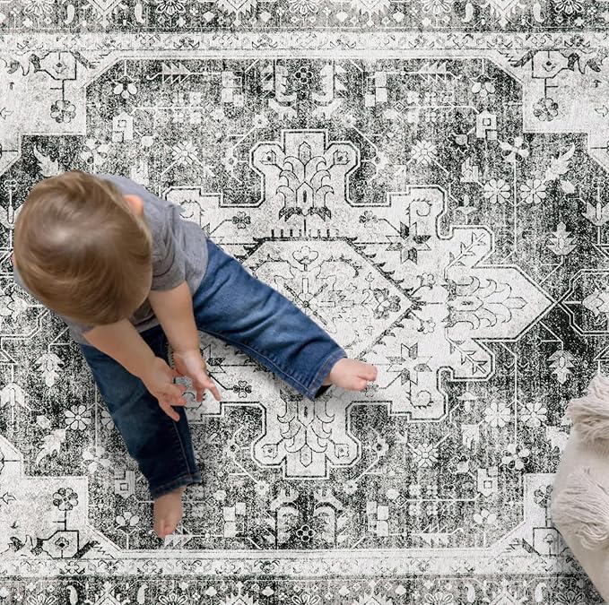 Moynesa Ultra-Thin Washable Area Rug - 5x7 Large Gray Rug for Living Room Vintage Rugs for Bedroom, Non Slip Non Shedding Pet Friendly Dining Room Mat Carpet for Department Office Kitchen