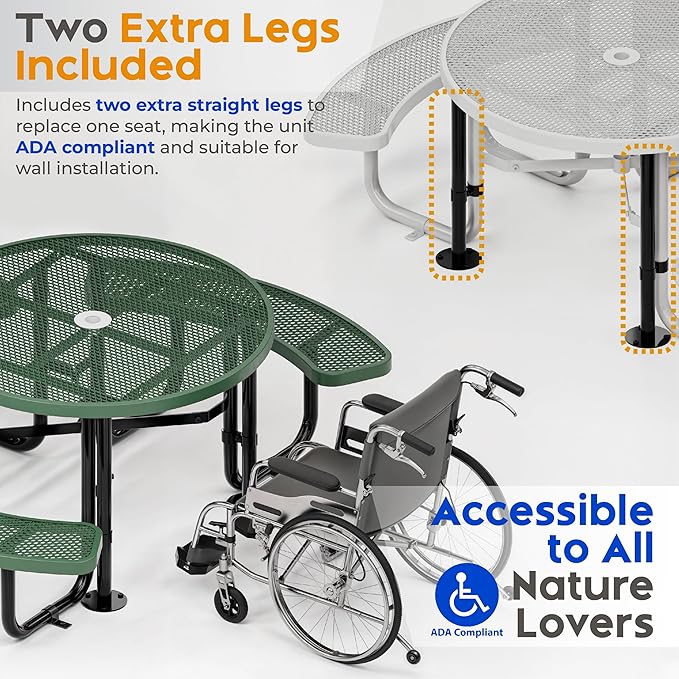 Metal Picnic Tables for Outdoors with Umbrella Hole - Coated Steel Heavy Duty Commercial Grade Furniture Set with Adjustable Seats (Green, 46 in, Round, Expanded Steel)