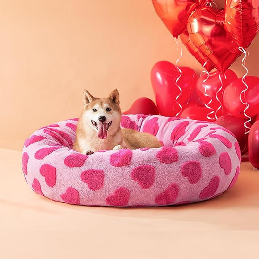 Lesure Donut Large Dog Bed - Round Cat Beds for Indoor Anti-Anxiety Calming Pet Beds, Washable Cute Modern Beds with Teddy Sherpa Plush & Anti Slip Bottom, 36 Inch, Heart Pink