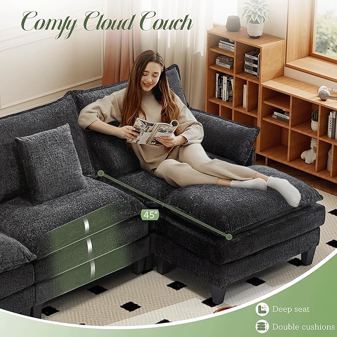 Comfy Chenille Cloud Couch with Movable Ottoman, Modular Sectional Sofa, 106" L Shaped Modern Sofa with Pillows, Deep Seat Couches for Living Room, Bedroom and Apartment, Black