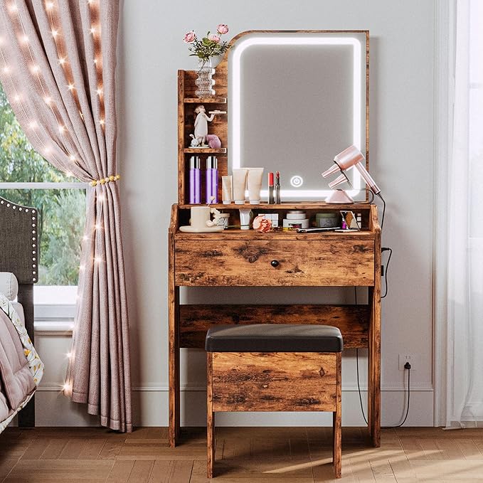 LIKIMIO Small Makeup Vanity Desk with Mirror and Lights, Vanity Table Set with Storage Drawer, Chair and Three Shelves, Bedroom, Vintage Brown