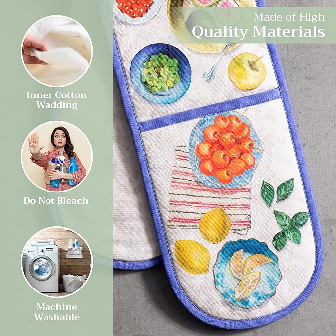 Maison d' Hermine Double Oven Mitts 100% Cotton 7"x35" Double Oven Mitt Heat Resistant BBQ Cooking Gloves with Loop, Baking, Grilling, Home, Kitchen, Handling Hot Pans Spring Summer (Gourmand)
