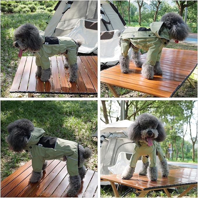 LOVELONGLONG Fleece-Lined Dog Raincoat with Removable Hood – Waterproof Winter Full Body Dog Jacket – Windproof Snowproof Cold-Weather Suit – Green-F XXS