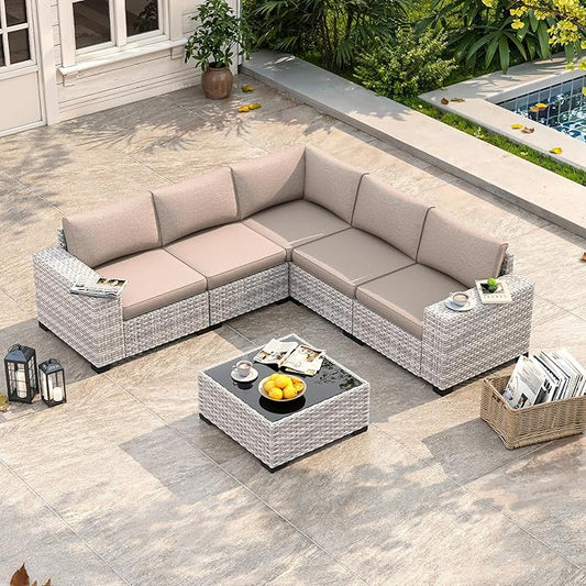 6 Piece Outdoor Wicker Rattan Sectional Sofa Set, 5-Seats Patio Furniture Conversation Set with 4" Thickened Cushions & Coffee Table, All-Weather PE Rattan for Garden, Backyard, Porch, Beige