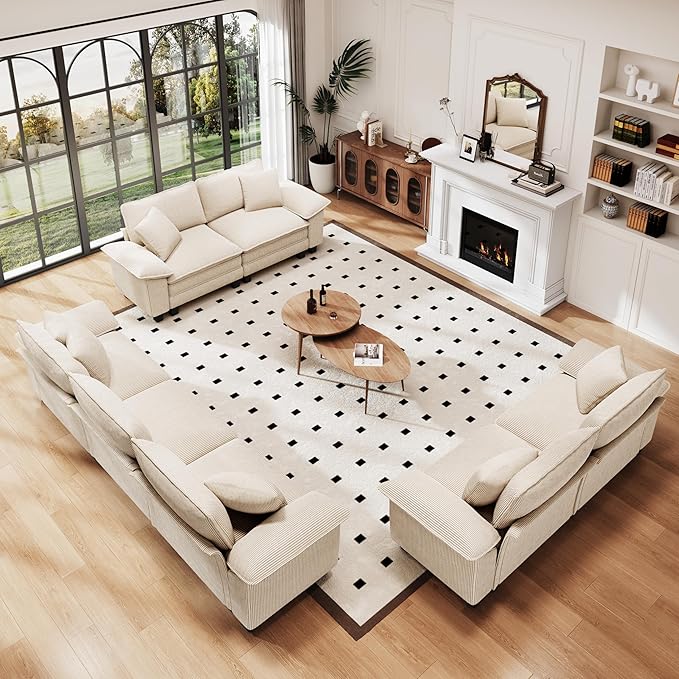 PHI VILLA Cloud Modular Couches Sets, 3 Pieces Large Sectional Sofa Set with Loveseats, 7-Seater Upholstered Couch for Living Room, Corduroy, Beige