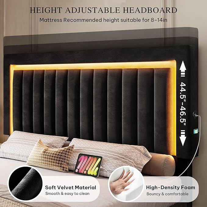 DWVO Queen Size Bed Frame with Adjustable Headboard, 4 Storage Drawers and RGB LED Lights, Velvet Upholstered Platform Bed with USB Ports, No Box Spring Needed, Fast Assembly, Noise-Free, Black