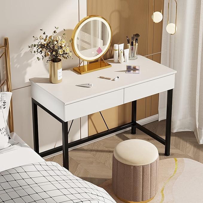 CAIYUN 40Inch Computer Desk with 2 Wooden Drawers, Small Desks for Home Office with Storage,Vanity Desk for Bedroom, Gaming Desk for Small Spaces, Simple Kids Study Writing Desk Table (White, Wooden)