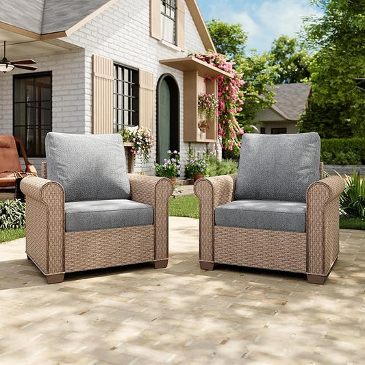 Patio Furniture Set 2 pcs, Wicker Outdoor Patio Furniture, 2 Single Chairs, Rattan Patio Conversation Set for Backyard Deck, Grey