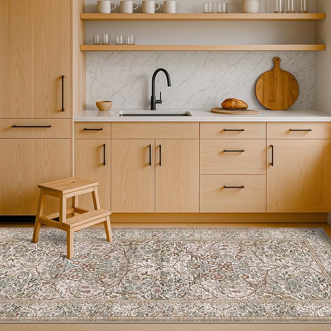 2x8 Moss Green Washable Kitchen Runner Rug - Non Slip Floral Rugs for Entryway Indoor, Kitchen- Vintage Geometric Floral Design Orenital Home Décor, Stain Resistant Carpet