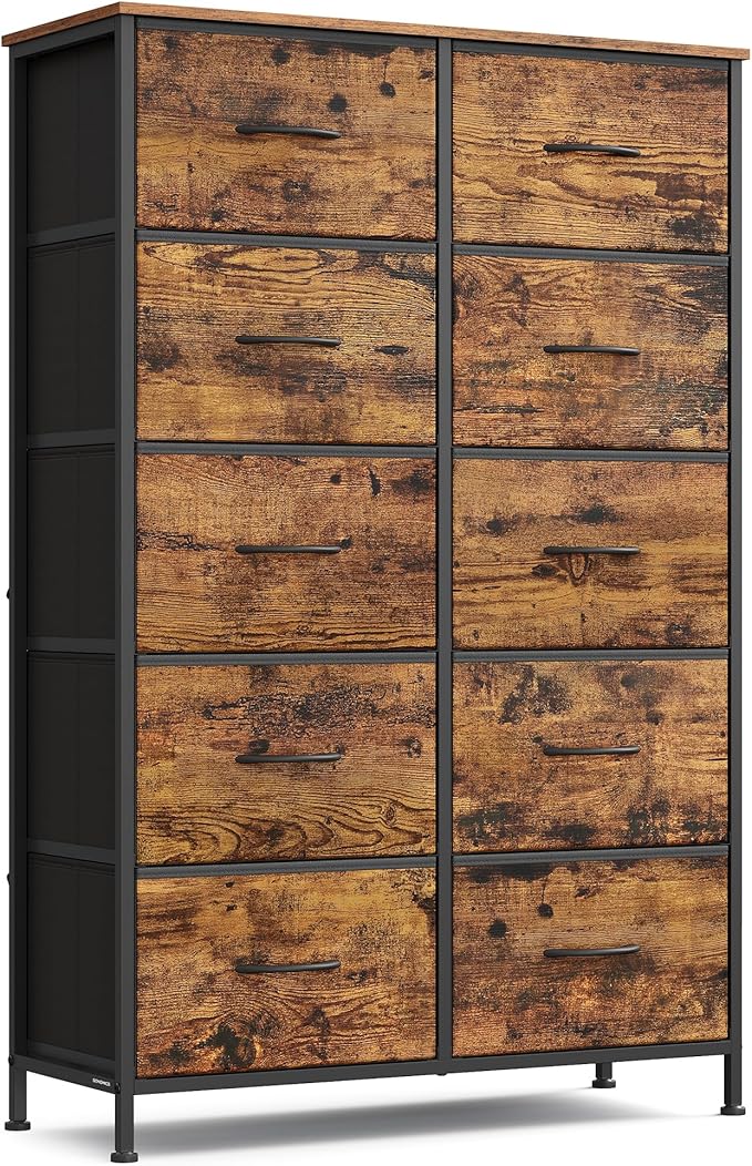 SONGMICS Dresser for Bedroom, Chest of Drawers, Steel, MDF, 10 Non-Woven Fabric Drawers, Storage Organizer Unit, Closet, Entryway, Rustic Brown and Ink Black ULGS125B02S