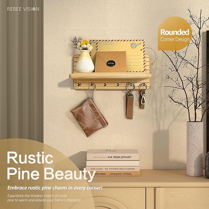 Rebee Vision Decorative Key Holder Wall Mount – Farmhouse 11-Inch Pine Wooden Key Holder for Wall with 6 Hooks & Floating Shelf - Chic and Functional Home Decor Solution (Natural Wood)
