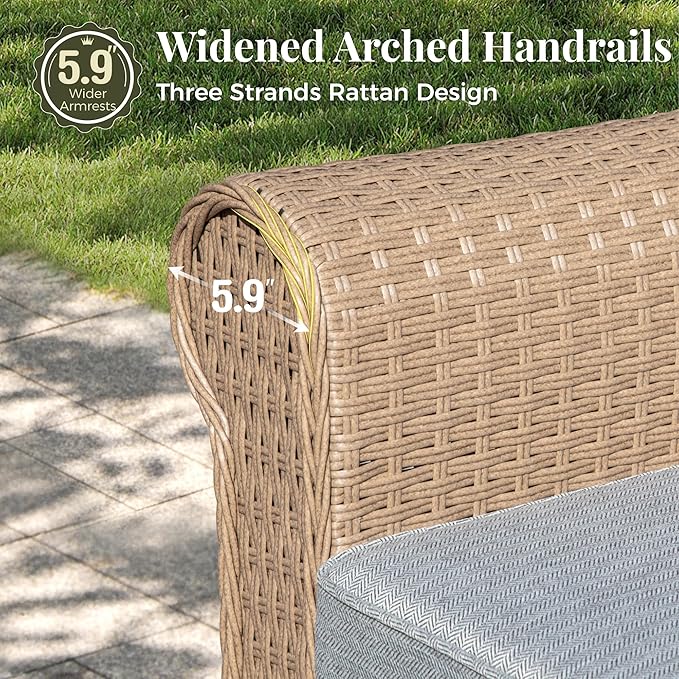 Patio Furniture Set 6 pcs, Wicker Outdoor Patio Furniture, 3-Seat Sofa, 2 Single Chairs, 2 Ottomans and Coffee Table, Rattan Patio Conversation Set for Backyard Deck, Grey