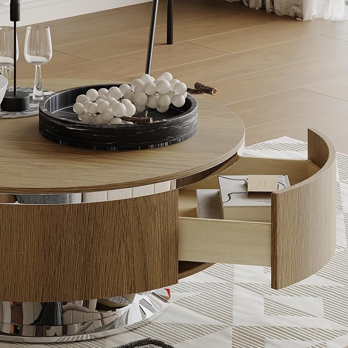 31.5 Inch Round Walnut Coffee Table with Hidden Storage Drawers and Silver Polished Stainless Steel Base, Modern Coffee Table Set with Rolling Side Table for Living Room