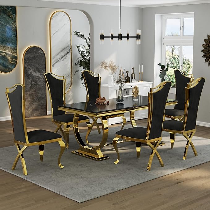 Asday Black and Gold Dining Table, 72 inch Luxury Dining Room Table with Gold Stainless Steel Metal U-Base for 4-8